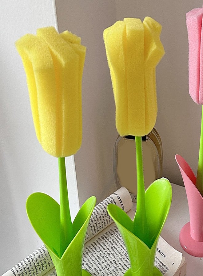 Beufee 2PCS Bottle Brush, Tulip Shape Sponge Cleaning Brush with Holder Long Handle Cup Cleaner Brush Water Bottle Sponge for Kitchen Dishes (Yellow) - Image 5